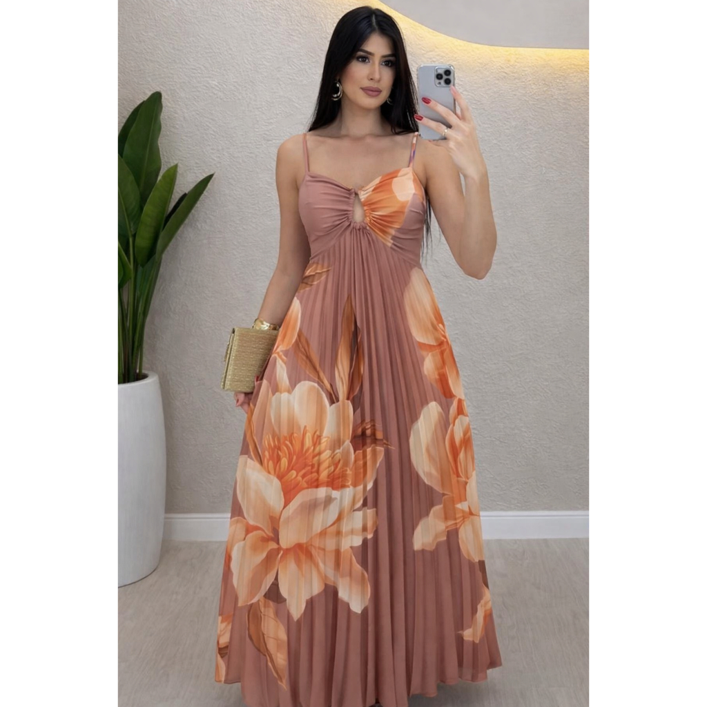 Vestido Longo Plissado Aurora Floral com Fivela no Busto