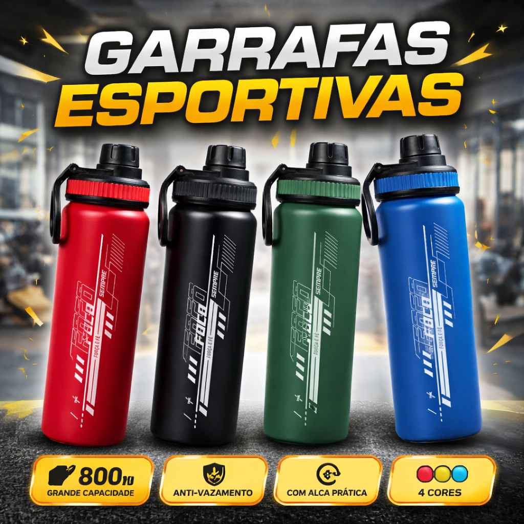 kit 3 Garrafas Esportiva 800ml Alumínio 4 cores - Frase Motivacional "Foco, força e fé sempre"