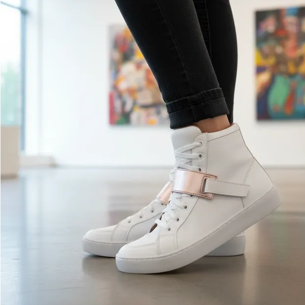 Tênis Botinha Cano Alto Delicado Casual/Treino Branco Detalhe Metálico Rose Tik Tok