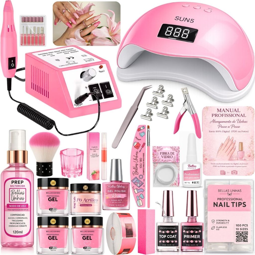 Kit Alongamento Unha Gel Profissional + Lixadeira Mercedes e Cabine Led Uv - Envio Imediato