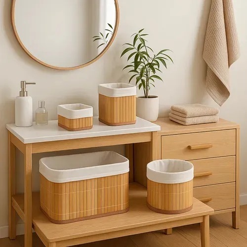 Kit  4 Cestos de Bambu Retangular Organizadores com Forro Banheiro Lavanderia Decoração Co...