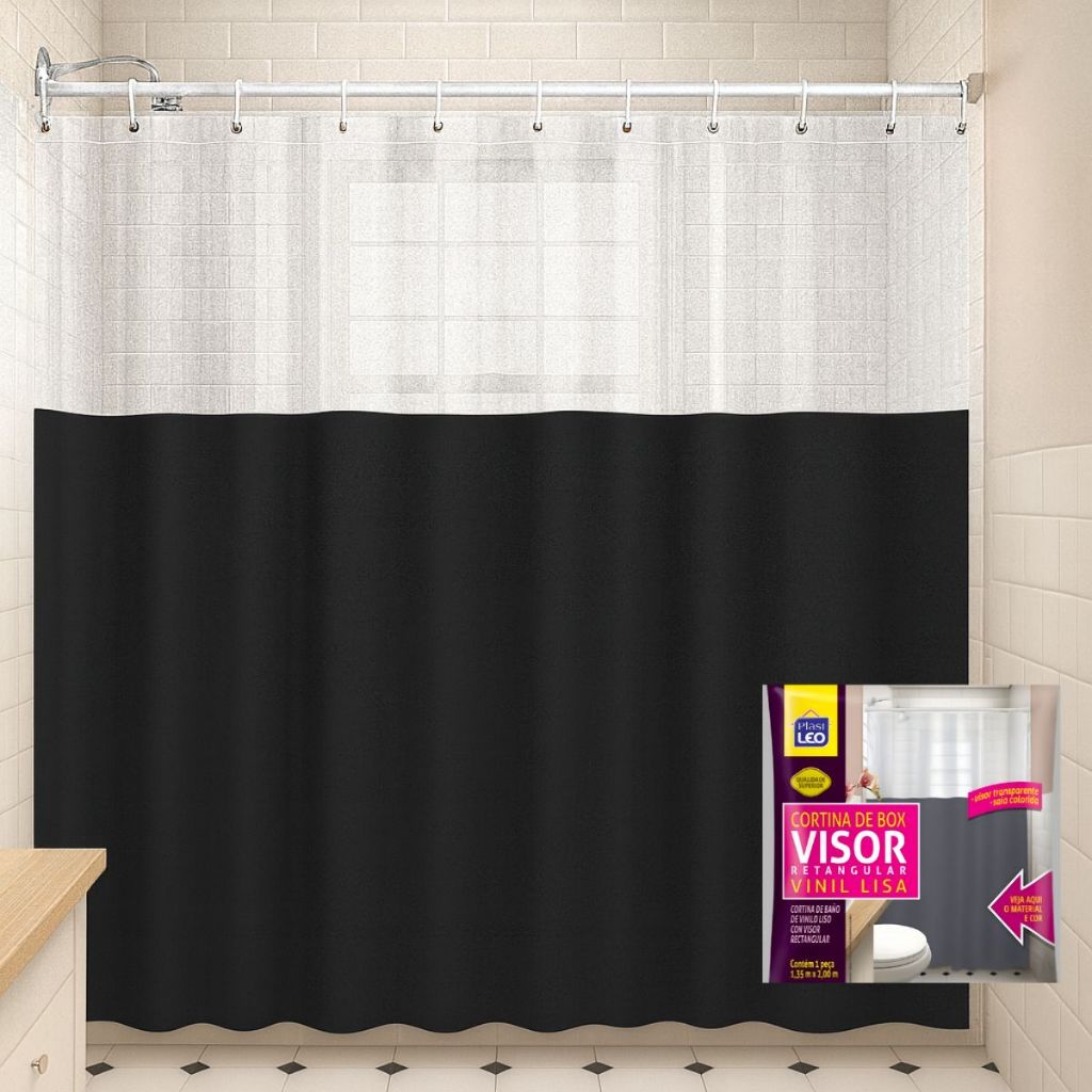 Cortina de Box Preta com Visor 2,00m x 1,35m – Vinil Liso com Ganchos