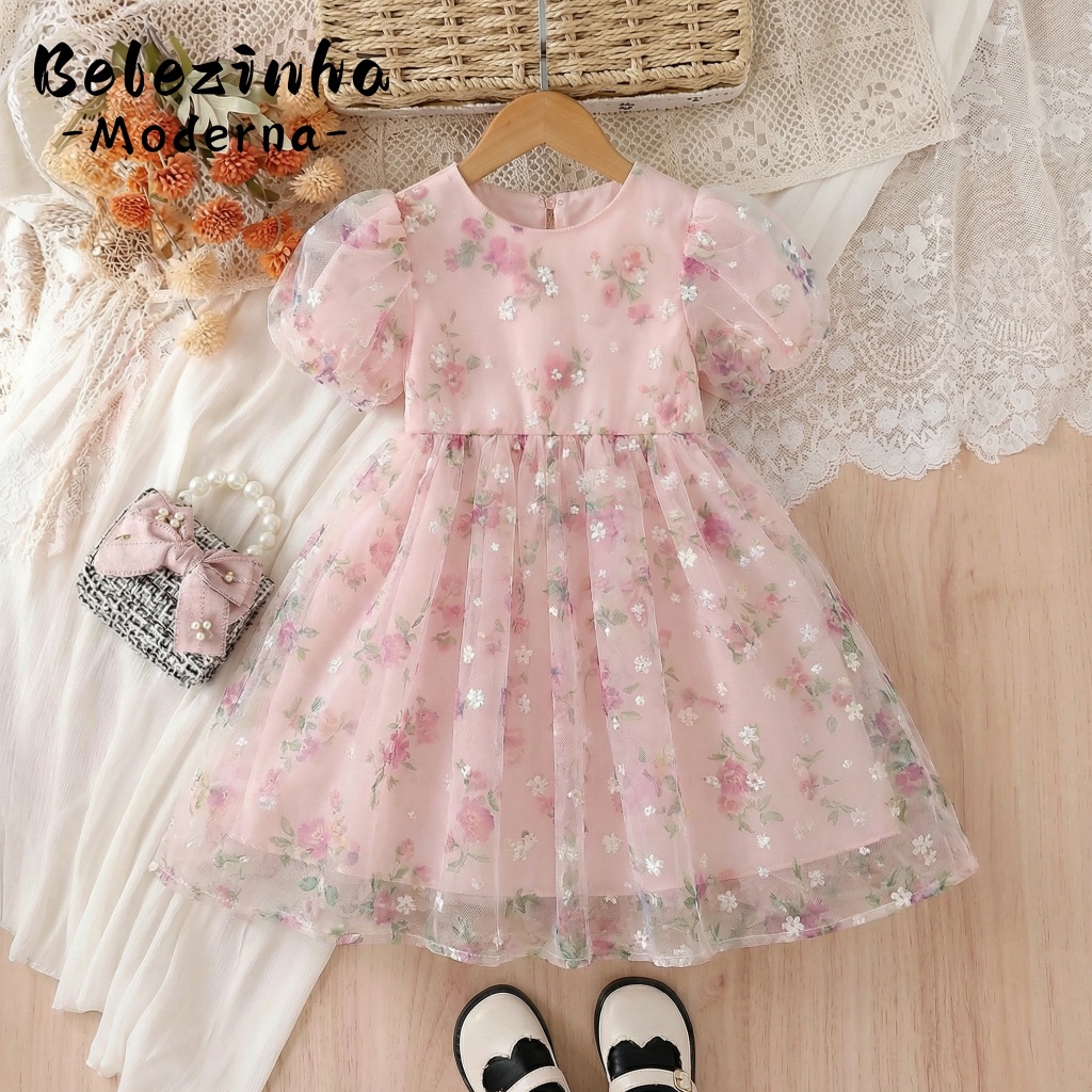 Vestido infantil rosa claro com estampa floral mangas bufantes, tecido fino e confortável, estilo delicado para o verão em Oferta na Shopee