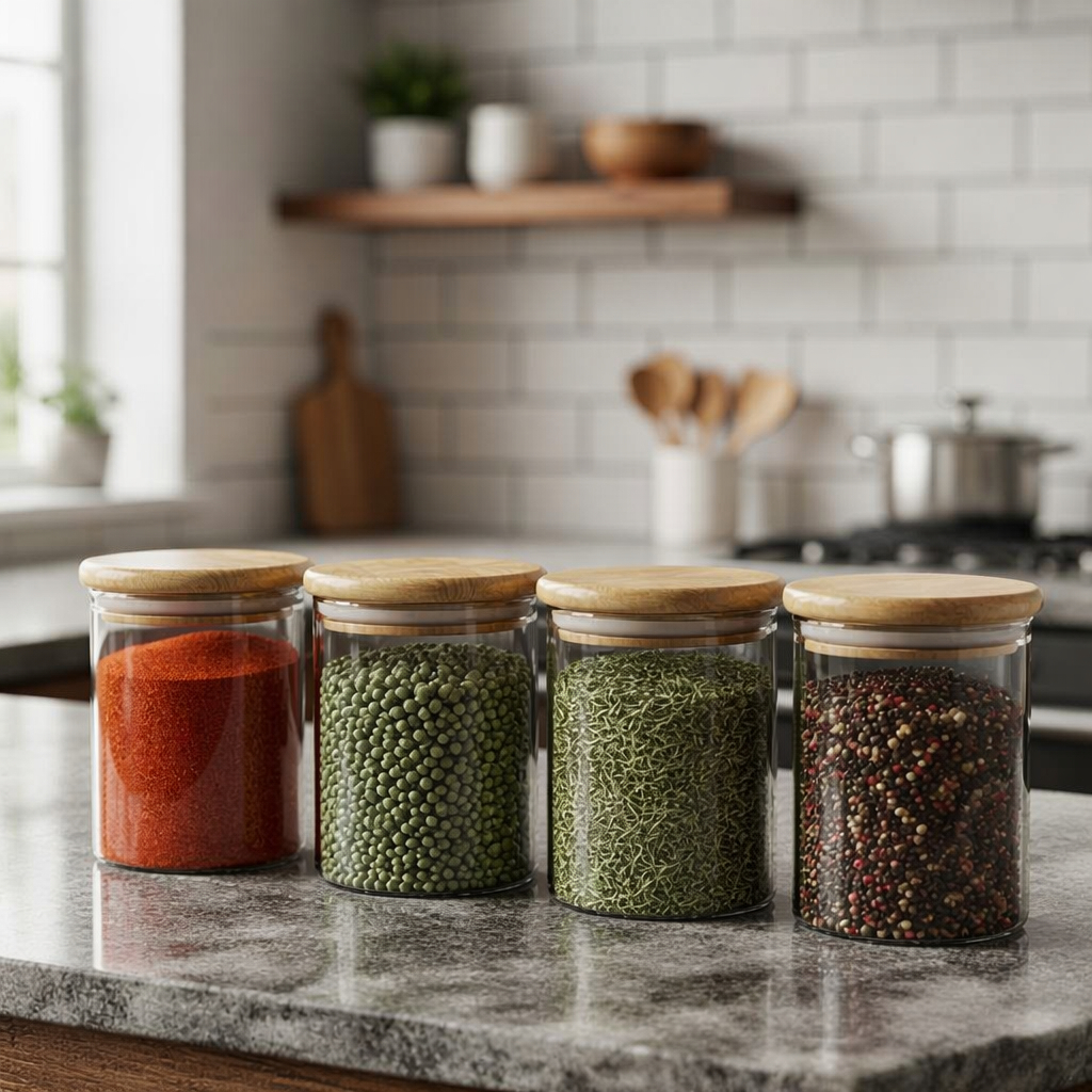 Kit 4 Pote De Vidro Mantimentos 275ml Alta Vedação Cozinha Para Temperos Organização Tampa de Bambu