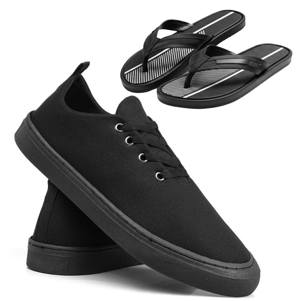 Kit Sapatenis Masculino Preto Conforto Para O Dia a dia E Chinelo - KIT EM PROMOÇAO
