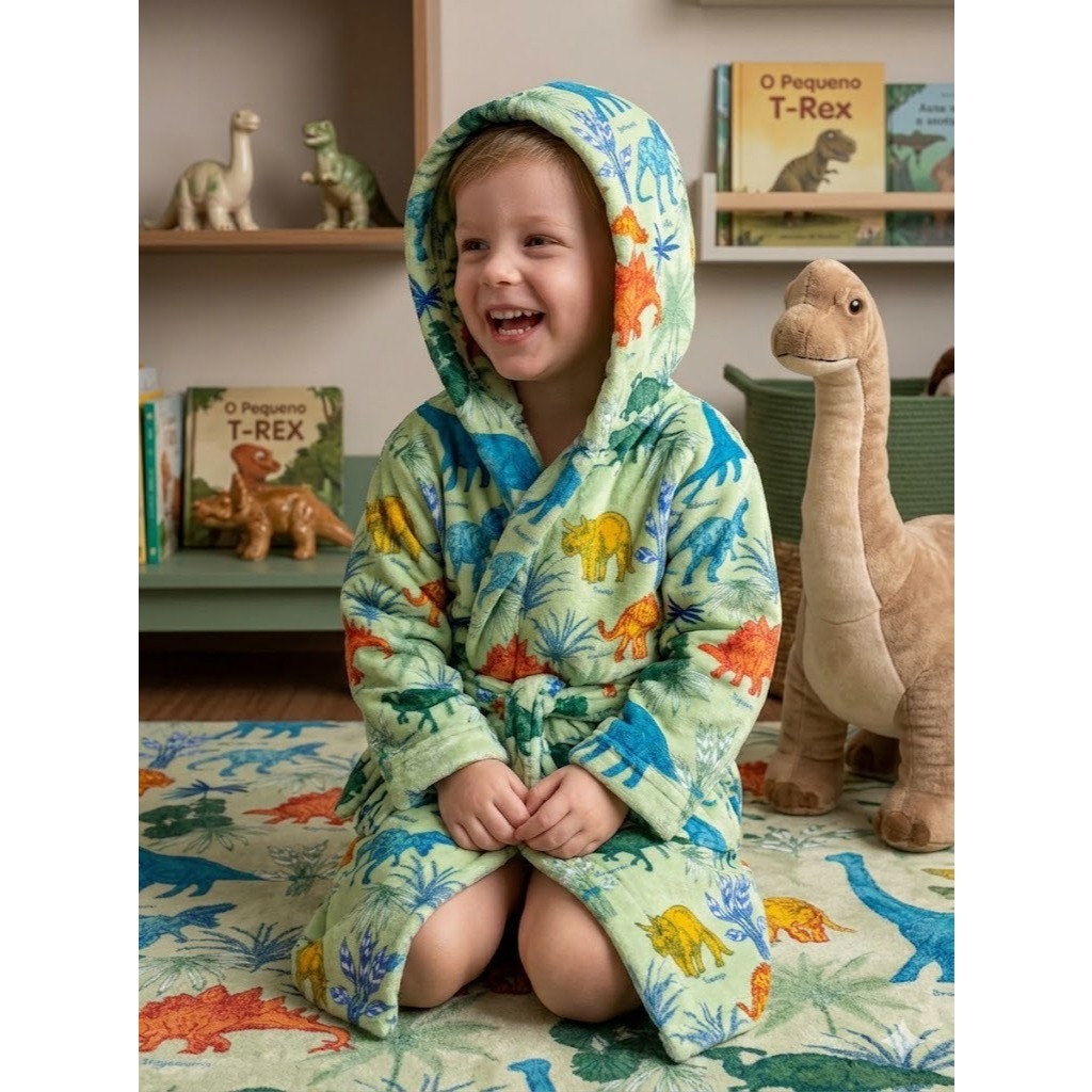 Roupão manta soft infantil Vídeo Game, Dino Verde e Rex - Com cinto e capuz - Manga longa - Menino - Fofo e confortável