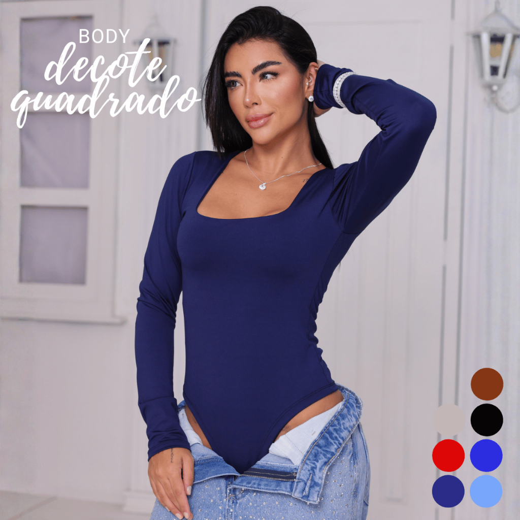 Body Thais Feminino Manga Longa Decote Quadrado Suplex Premium Forrado Tamanho Único