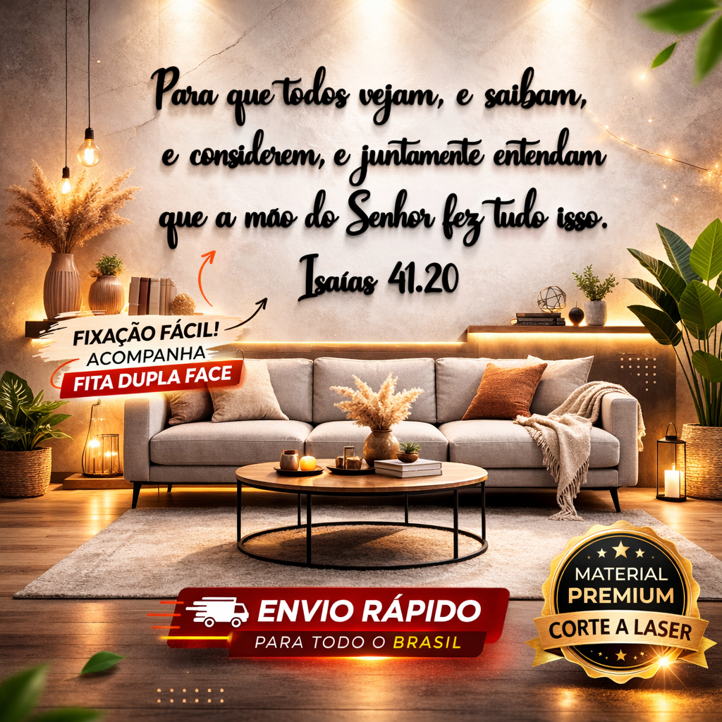 Decoração Cristã Parede Isaías 41:20 em MDF Preto 93x43cm Frase Bíblica com Fita Dupla Face