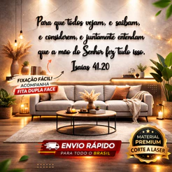 Decoração Cristã Parede Isaías 41:20 em MDF Preto 93x43cm Frase Bíblica com Fita Dupla Face