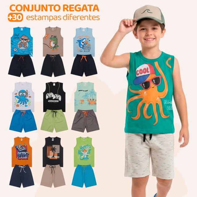 Kit 6 Ou 8 Peças de Conjunto Regata para Meninos Infantil Masculino Regata e Bermuda Moletinho em Algodão para Verão