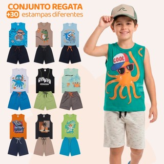 Kit 6 Ou 8 Peças de Conjunto Regata para Meninos Infantil Masculino Regata e Bermuda Moletinho em Algodão para Verão