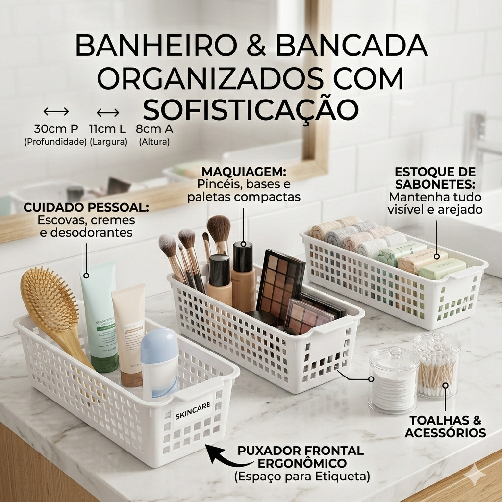 Cesto Organizador Kit 2 Peças - Ideal para Prateleiras Multiuso Plástico Armário Dispensa Banheiro