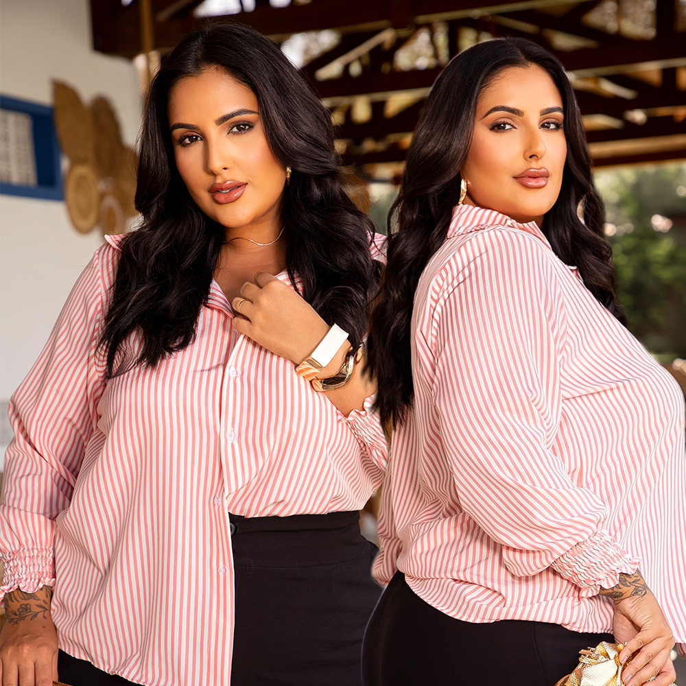 Camisa Plus Size Feminina Listrada Oversized Manga Lastex Dunas