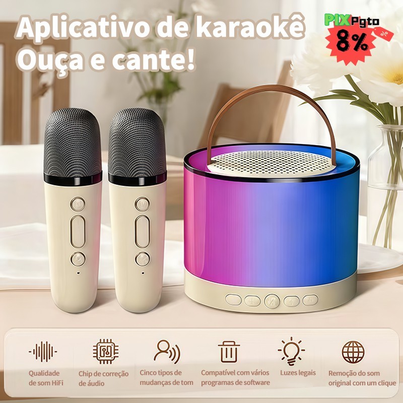 Caixa de Som Karaokê Bluetooth – Portátil com Microfone e Luz LED Sem Fio