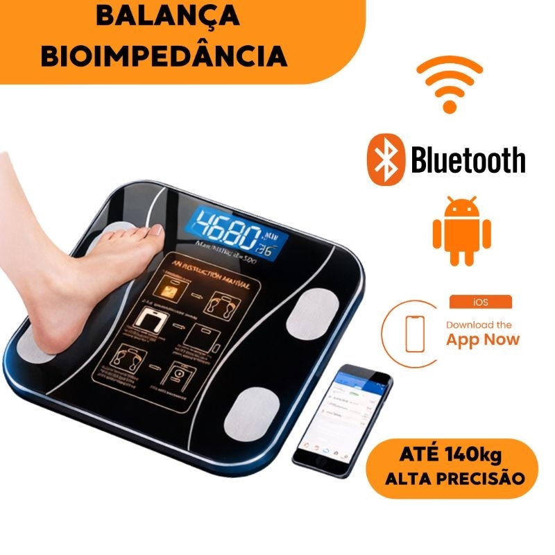 Balança Digital Bioimpedância Inteligente Pesagem Corporal Controle Peso Alta Precisão Até 140kg Preta