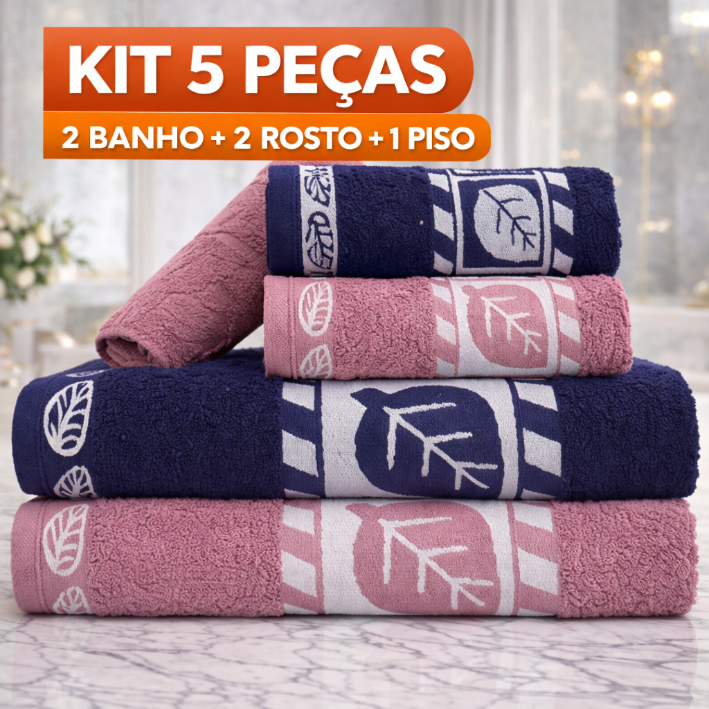 Jogo De Toalhas 5 Peças Adultos 100% Algodão(2 Banho + 2 rosto + 1 Piso) Gigante alta absorção
