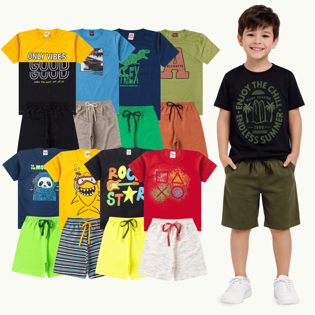 Kit 6 Peças Conjunto Infantil Menino Verão 1 ao 16 - 3 Conjuntos Roupa Infantil