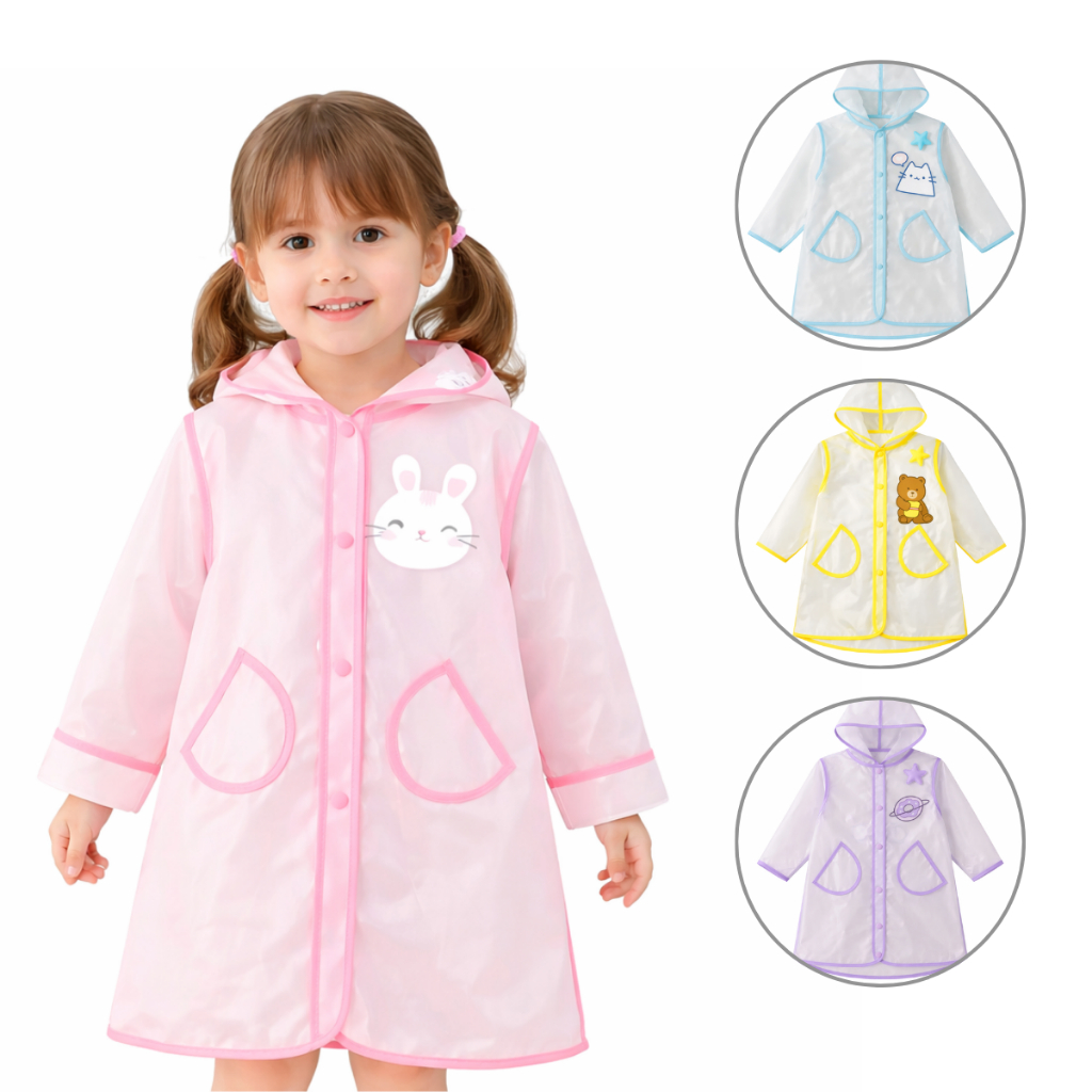 Capa de Chuva Infantil Criança Transparente com Capuz e Bolso Menina Menino 4 cores Roxo Rosa Azul Amarelo Impermeável