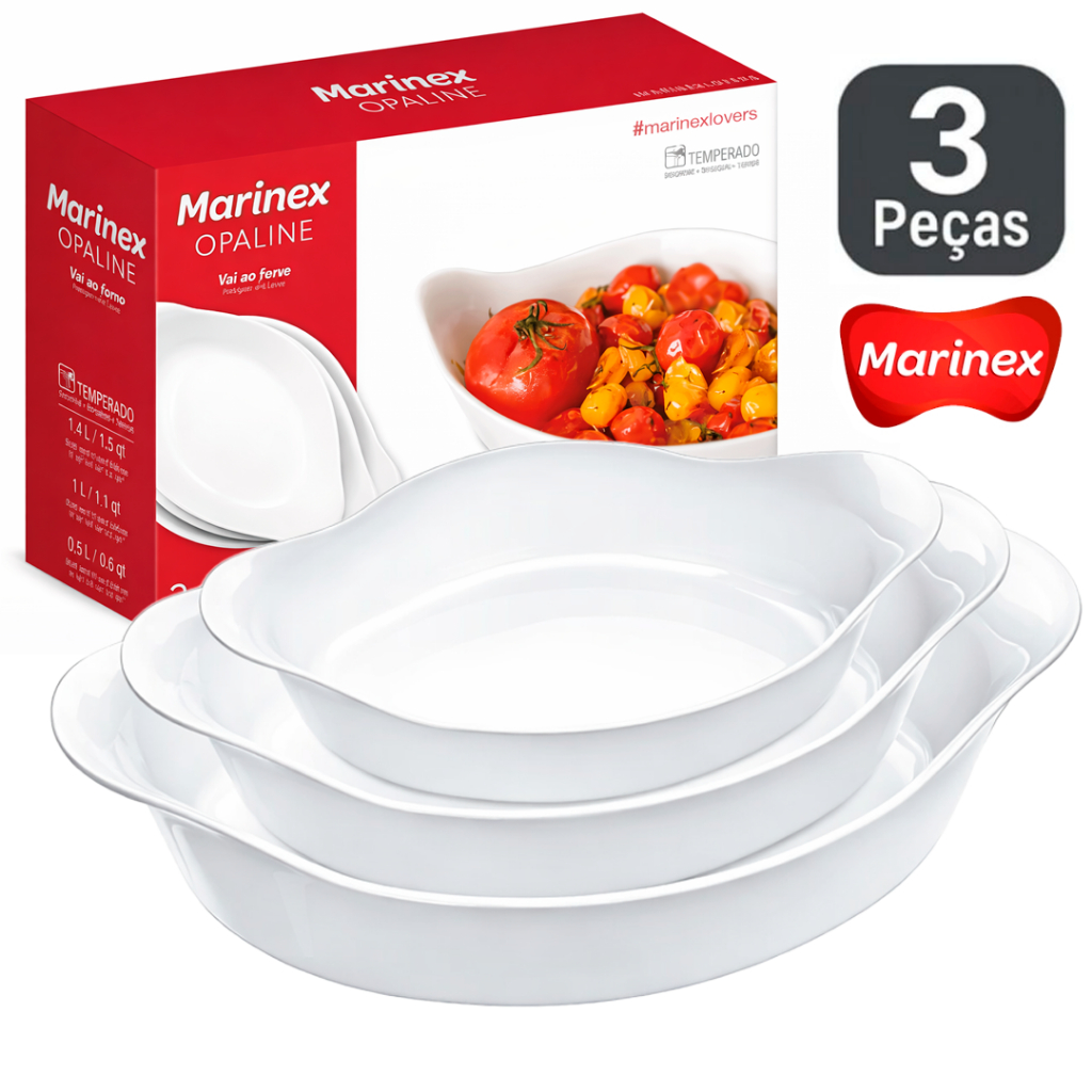 Kit 03 Assadeiras Forma Opaline marinex PMG Travessa Oval Vidro Branco Brilhante Resistente