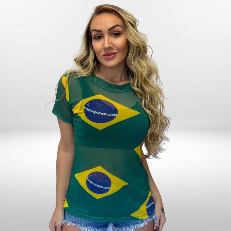 Blusa Feminina De Tule Transparente Academia Fitness Camisão Fitness Brasil Copa do Mundo