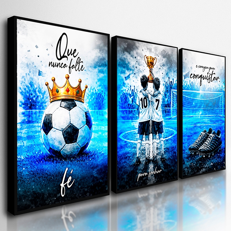 Kit 3 Quadros Futebol Infantil – Decoração Quarto Menino Pequeno Campeão bola chuteira camisa
