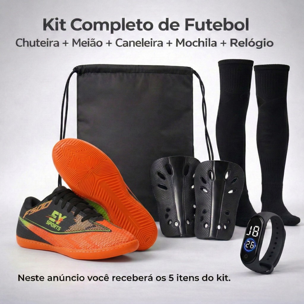 Kit Completo para Futebol de Salão com Chuteira Meião Caneleira Mochila e Relógio