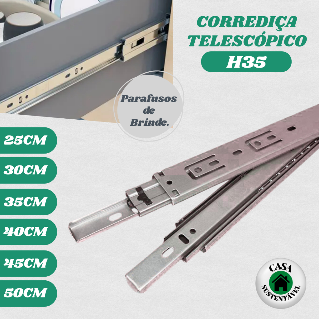 Corrediça Trilho Telescópico H35 Para Gaveta - 25cm, 30cm, 35cm, 40cm, 45cm e 50cm - Corredica HD