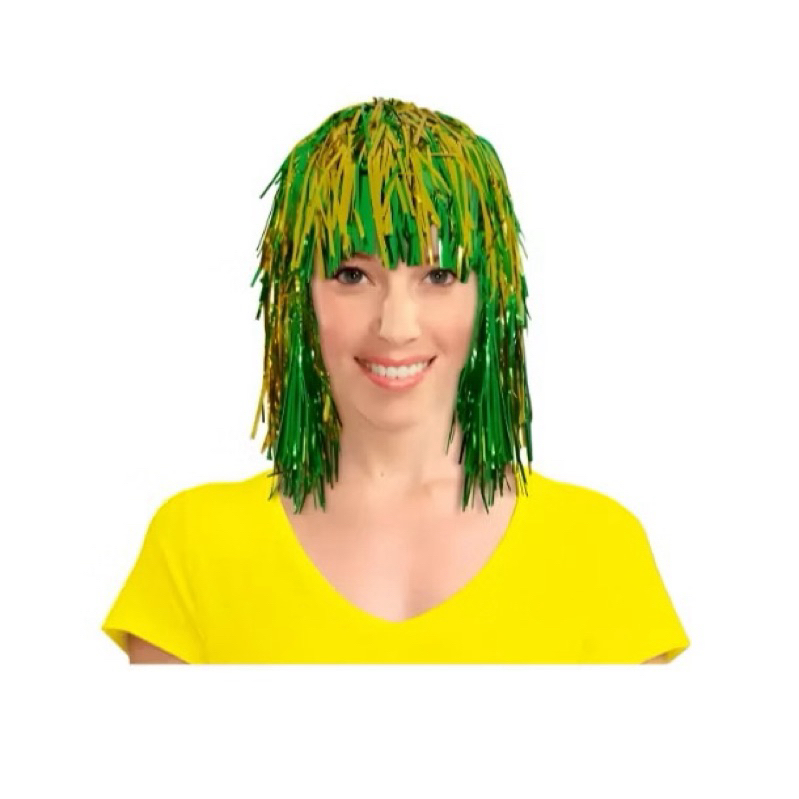 PERUCA METALIZADA COM FRANJA | BRASIL | MEIO A MEIO | AMARELO E VERDE | PERUCA COLORIDA PARA FANTASIA CRIATIVA | COSPLAY