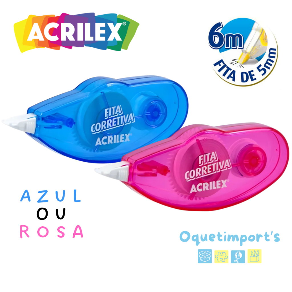 Fita Corretiva Acrilex 5mm Com 6 metros Secagem Imediata Rosa ou Azul