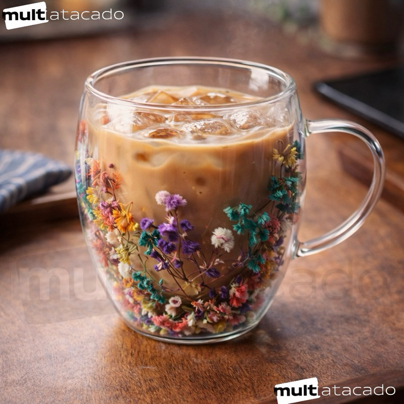 Xícara Caneca de vidro duplo com flores artificiais no interior 250ml em Oferta na Shopee