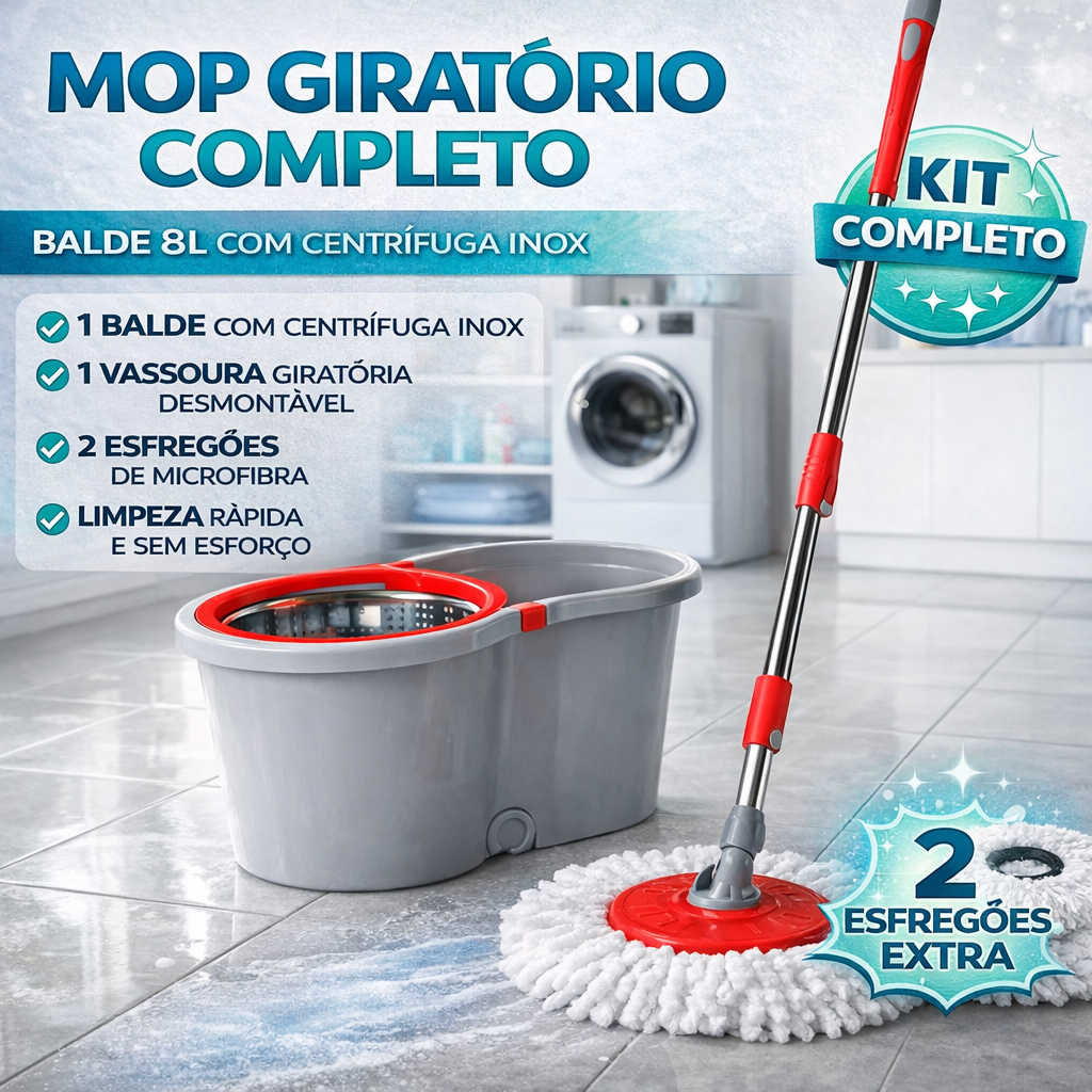 Mop Giratório 8L com Centrífuga Inox + 2 Refis Microfibra Esfregão Spin Mop Completo com Balde em Oferta na Shopee