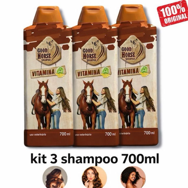 Kit 3 Shampoo Good Horse 700ml Vitamina A Para Cavalo Crina Cauda Brilho Limpeza Profunda