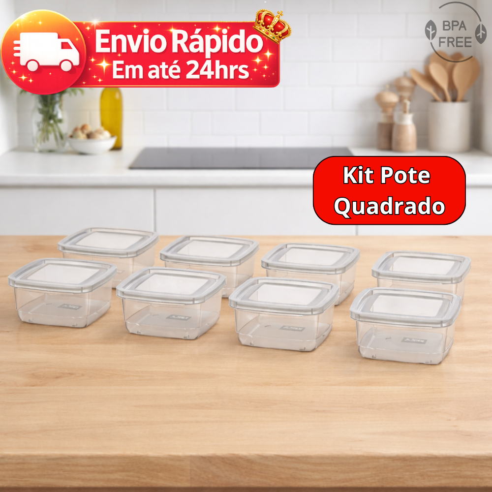 Kit Pote Quadrado 270ml com Tampa, Jogo Pote Plástico BPA free, Conjunto Pote Mini Quadrado Fitness