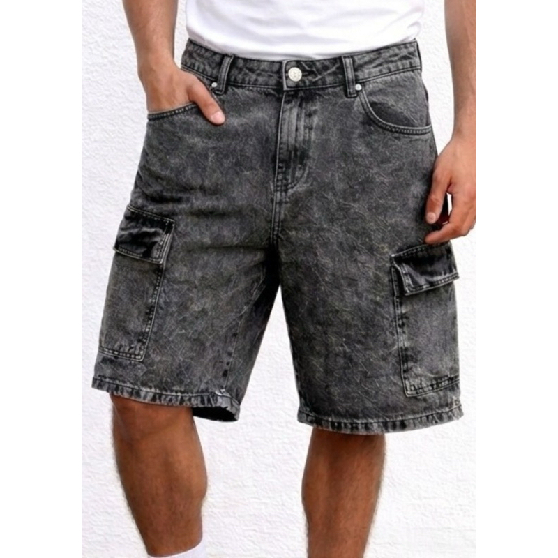 Bermuda Cargo Masculino Jeans Grafite Lavagem Ácida Oversized Estilo Gringo Larga Streetwear 6 Bolsos Skate