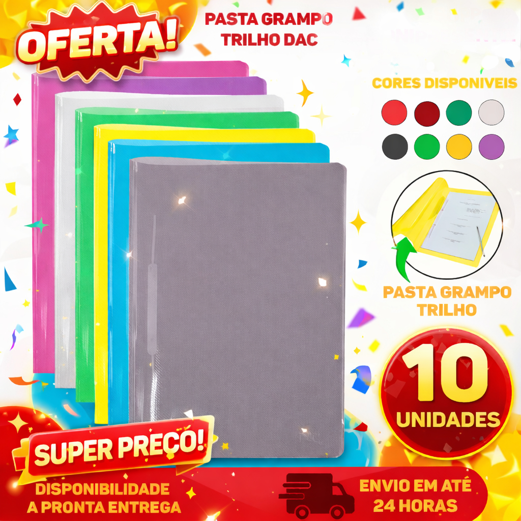 Kit C/ 10 Pastas Grampo, Ofício, Plástica, DAC 606PP Cores