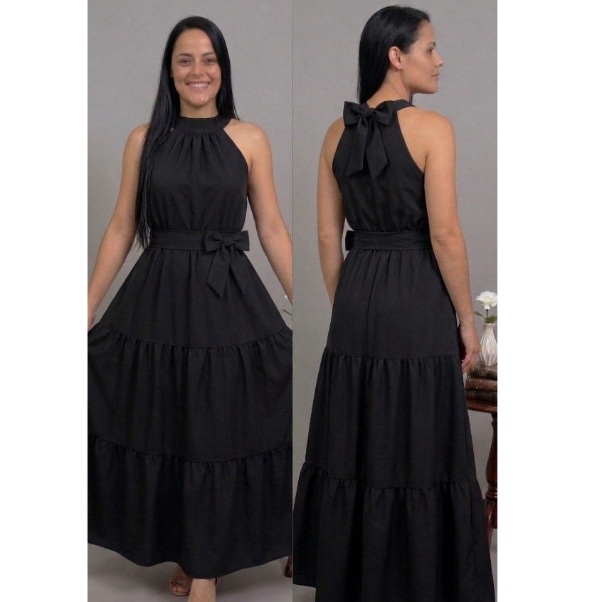 Vestido Feminino Longo  Saia 3 Marias Gola Alta Andressa Sem Manga Cavado Luxo