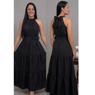Vestido Feminino Longo  Saia 3 Marias Gola Alta Andressa Sem Manga Cavado Luxo em Oferta na Shopee