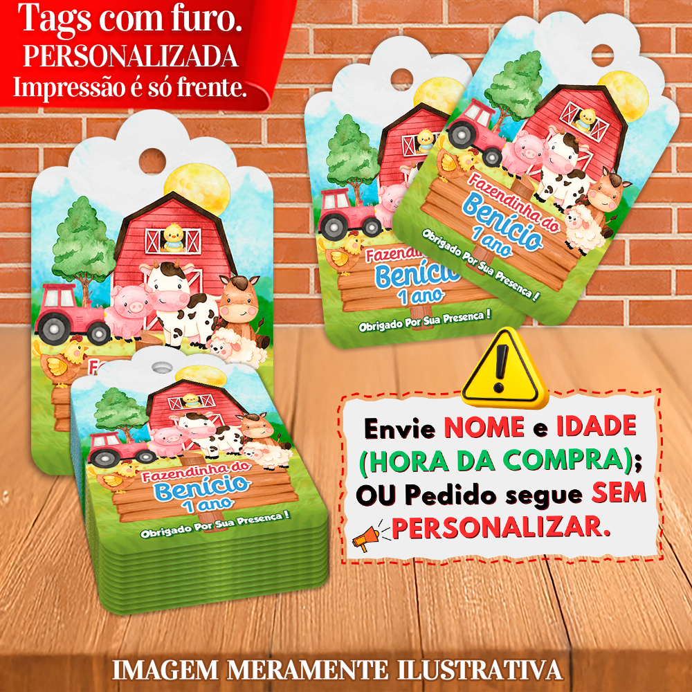 Etiquetas Tags Personalizadas Fazendinha Aquerelado Vermelha Rosa Azul