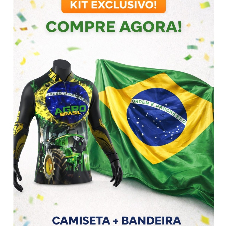 Kit Agro Brasil Camiseta UV50+ Manga Longa com Zíper + Bandeira do Brasil