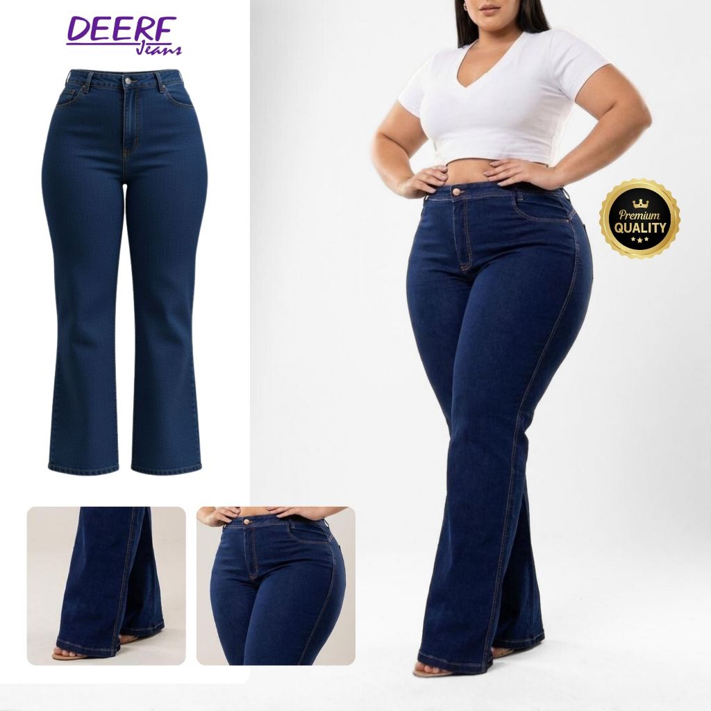 Calça Jeans Flare Plus Size Cintura Alta Lycra Elastano Premium Efeito Levanta Bumbum Curve Premier em Oferta na Shopee