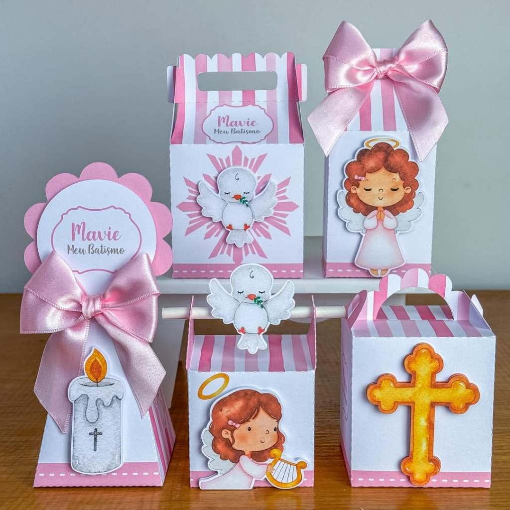 Kit Festa Batizado Rosa  l Personalizados l Lembrancinha para Festa l kit Caixas Personalizadas Mesversário aniversário