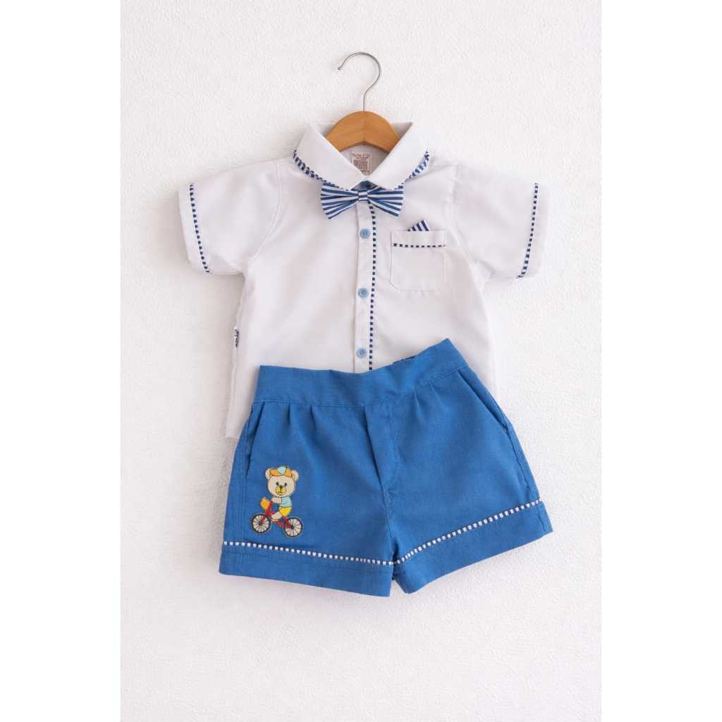 Conjunto Social Tamanho 1 - Camisa com Gravata Borboleta + Short Azul Bebê com aplique de ursinho