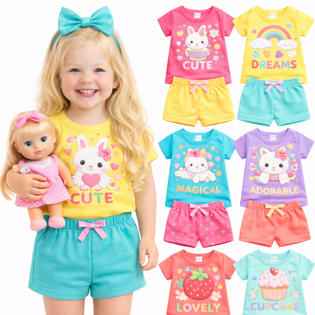 Kit 2 ou 4 Peças Feminino Roupa de Menina Verão Infantil Bebe Kit com 2 ou 1 Conjuntos Infantil de Verão Entrega Rápida