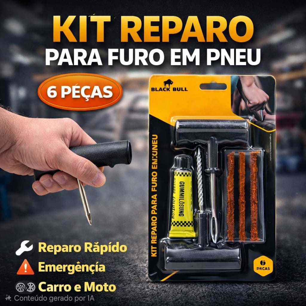 Kit Reparo Pneu Sem Câmara 6 Peças | Conserto Furo Pneus Carro Moto Macarrão Reparador Ferramenta Emergência
