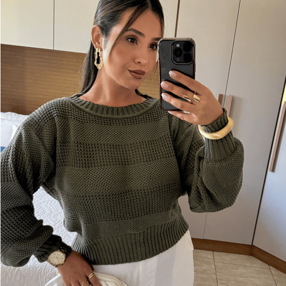 Blusinha Feminina Cropped Tricô Suéter Ombro Caído Tricot Manga Bufante Inverno 2026 Blogu...