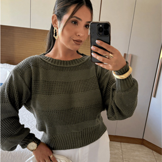 Blusinha Feminina Cropped Tricô Suéter Ombro Caído Tricot Manga Bufante Inverno 2026 Blogueira em Oferta na Shopee