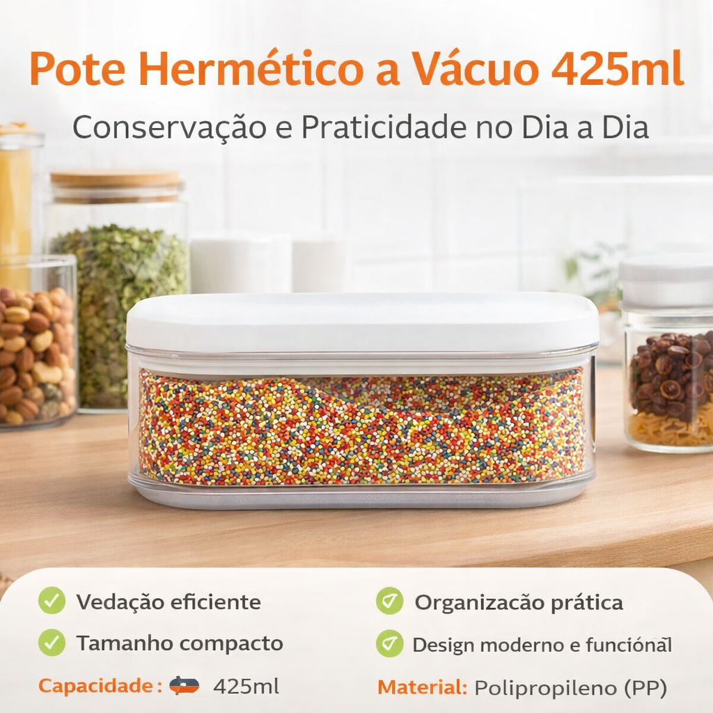 Pote Hermético a Vácuo 425ml c/Tampa de Vedação  Compacto p/ Armazenar Temperos, Lanches.