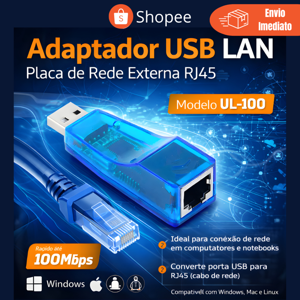 Adaptador USB para LAN RJ45 UL-100 | Placa de Rede Externa USB Ethernet 10/100Mbps