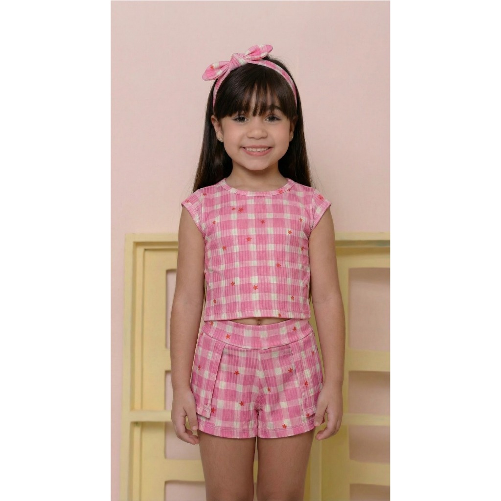 Kit 3 Peças Infantil Menina Bebe Blusa + Short + Tiara Verão Fresquinho Modinha Estampado