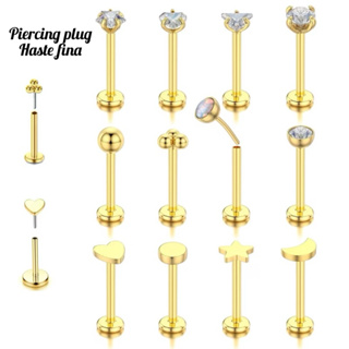 Piercing Labret helix haste fina plug push in estrela, coração aço cirúrgico dourado- 1 peça em Oferta na Shopee